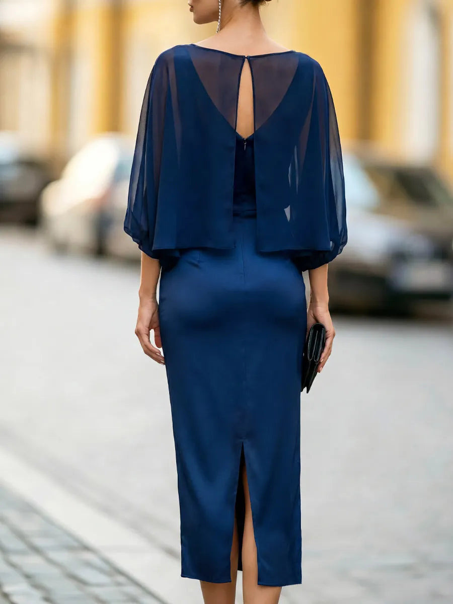 Sheer Lantern Sleeve Ruched Midi Pencil Dress