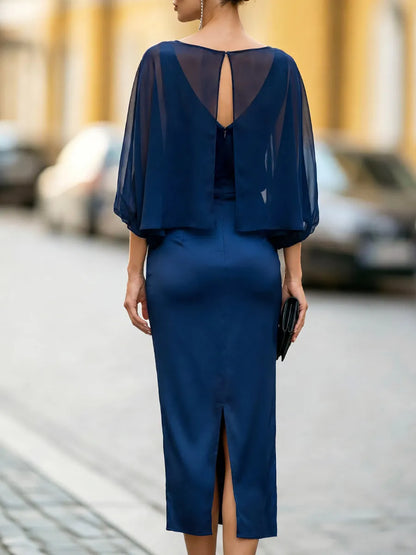 Sheer Lantern Sleeve Ruched Midi Pencil Dress