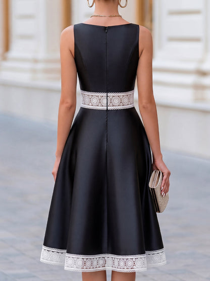 Elegant Lace Trim Fit-and-Flare Satin Midi Dress