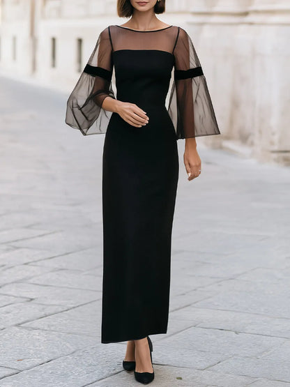 Elegant Sheer Bell Sleeve Column Maxi Dress