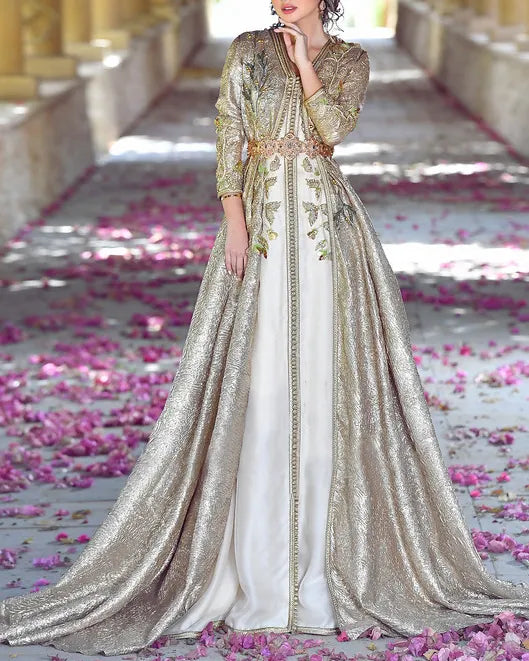 Vestido Kaftan Bordado Feminino com Decote V
