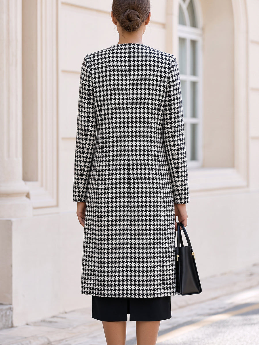 Black & White Houndstooth Coat & Black Midi Dress Two-Piece Co-Ord Set