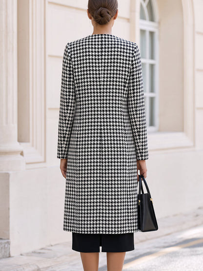 Black & White Houndstooth Coat & Black Midi Dress Two-Piece Co-Ord Set