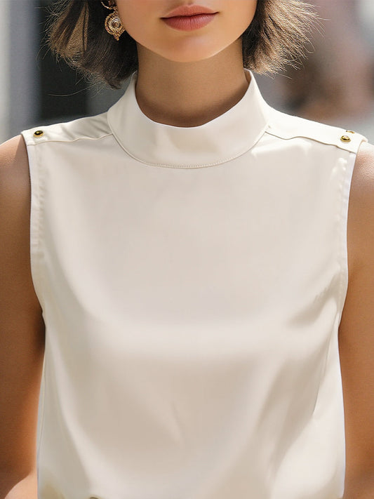 Blusa de Cetim Elegante Marfim Gola Alta Sem Mangas