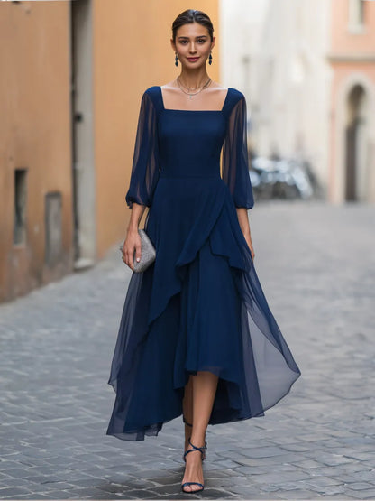 Chiffon Square Neck High-Low A-Line Midi Dress