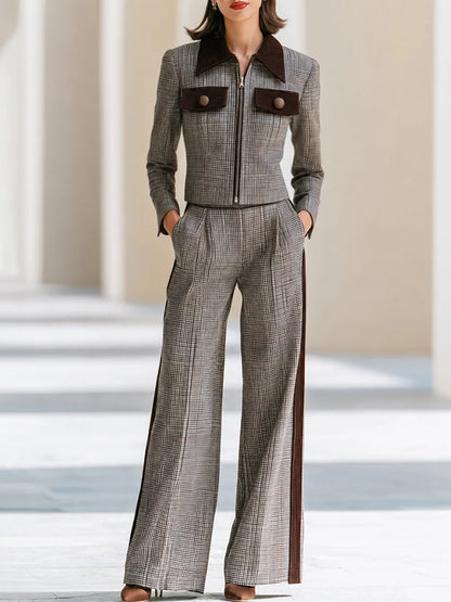 Contrast-Trim Plaid Jacket And Wide-Leg Pants Set