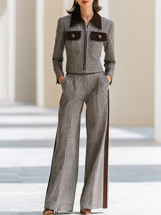 Contrast-Trim Plaid Jacket And Wide-Leg Pants Set