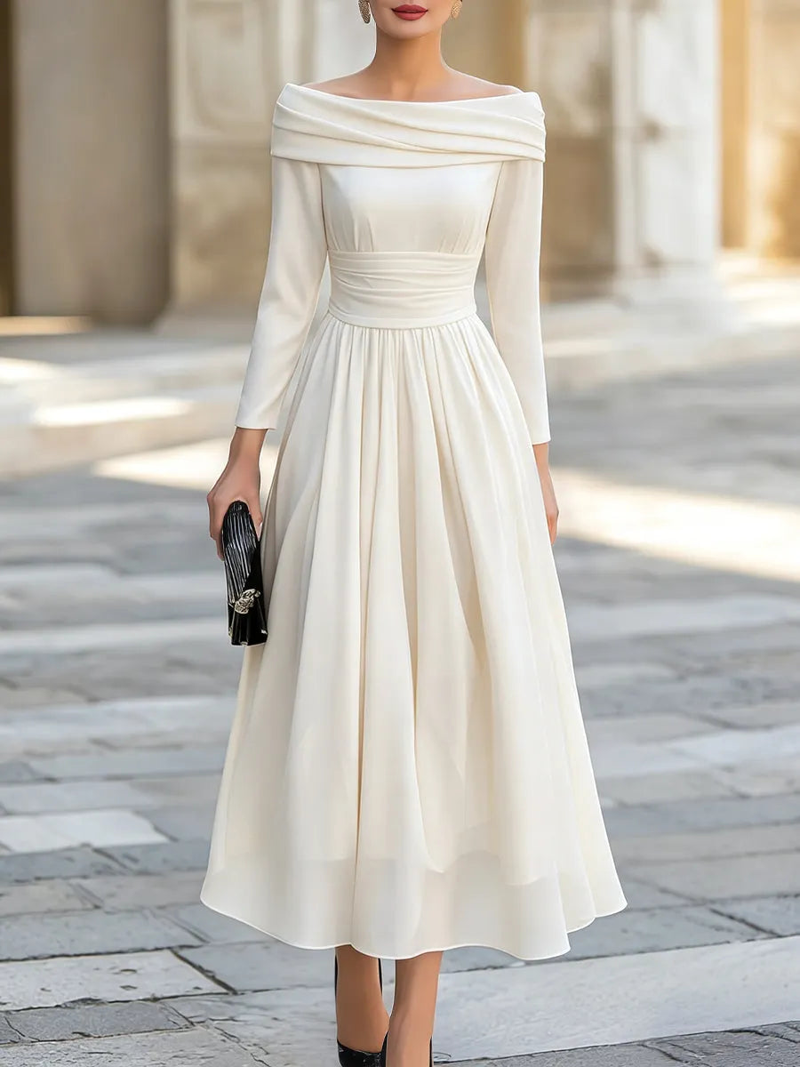 Off-Shoulder Draped Neckline A-Line Midi Dress