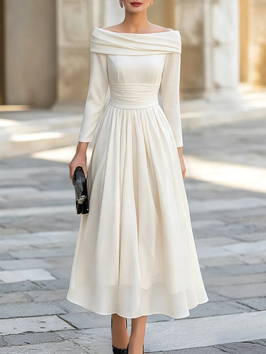 Robe midi trapèze à encolure drapée et épaules dénudées