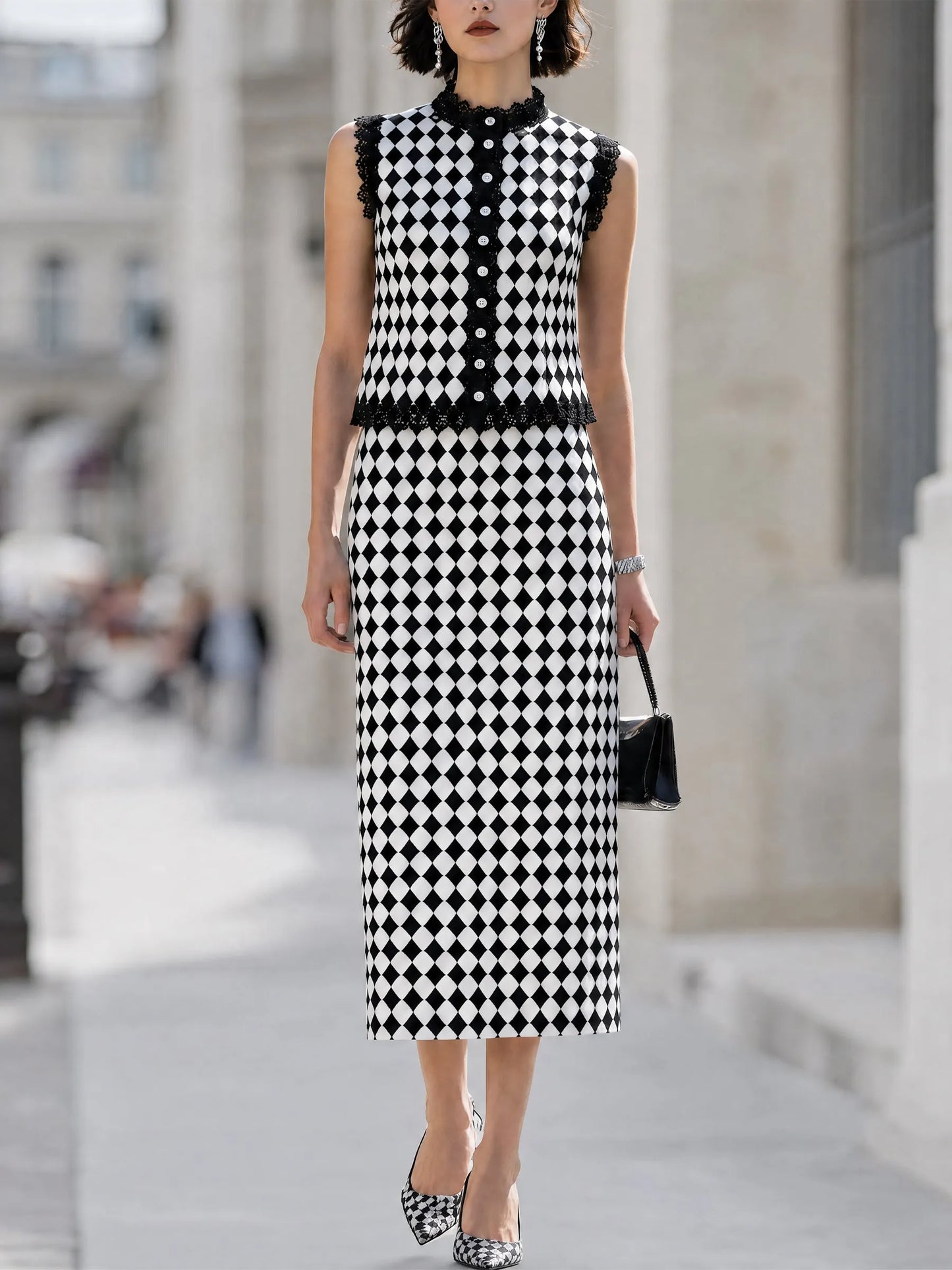 Checkered Pattern Lace-Trimmed Top & Midi Skirt Set
