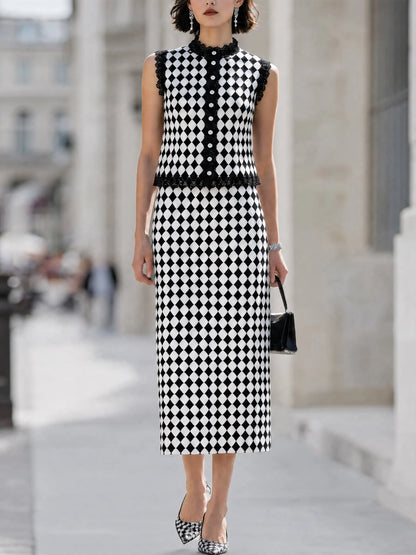 Checkered Pattern Lace-Trimmed Top & Midi Skirt Set
