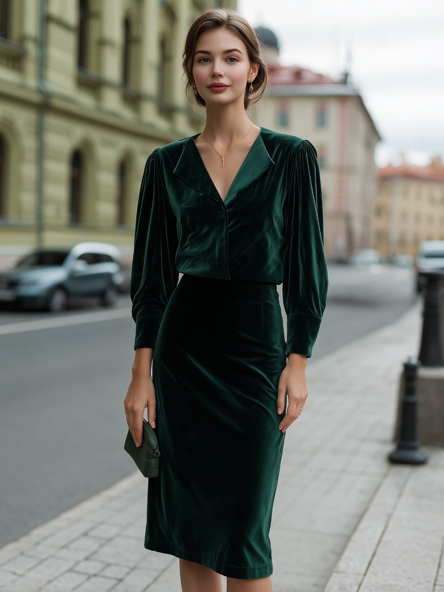 Velvet Puff-Sleeve V-Neck Pencil Midi Dress
