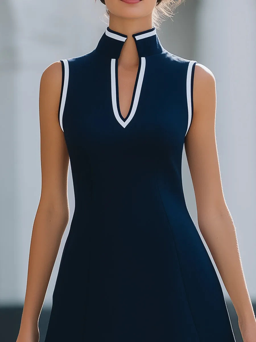 Mandarin-Collar White-Trim Sleeveless A-Line Mini Dress