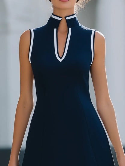 Mandarin-Collar White-Trim Sleeveless A-Line Mini Dress
