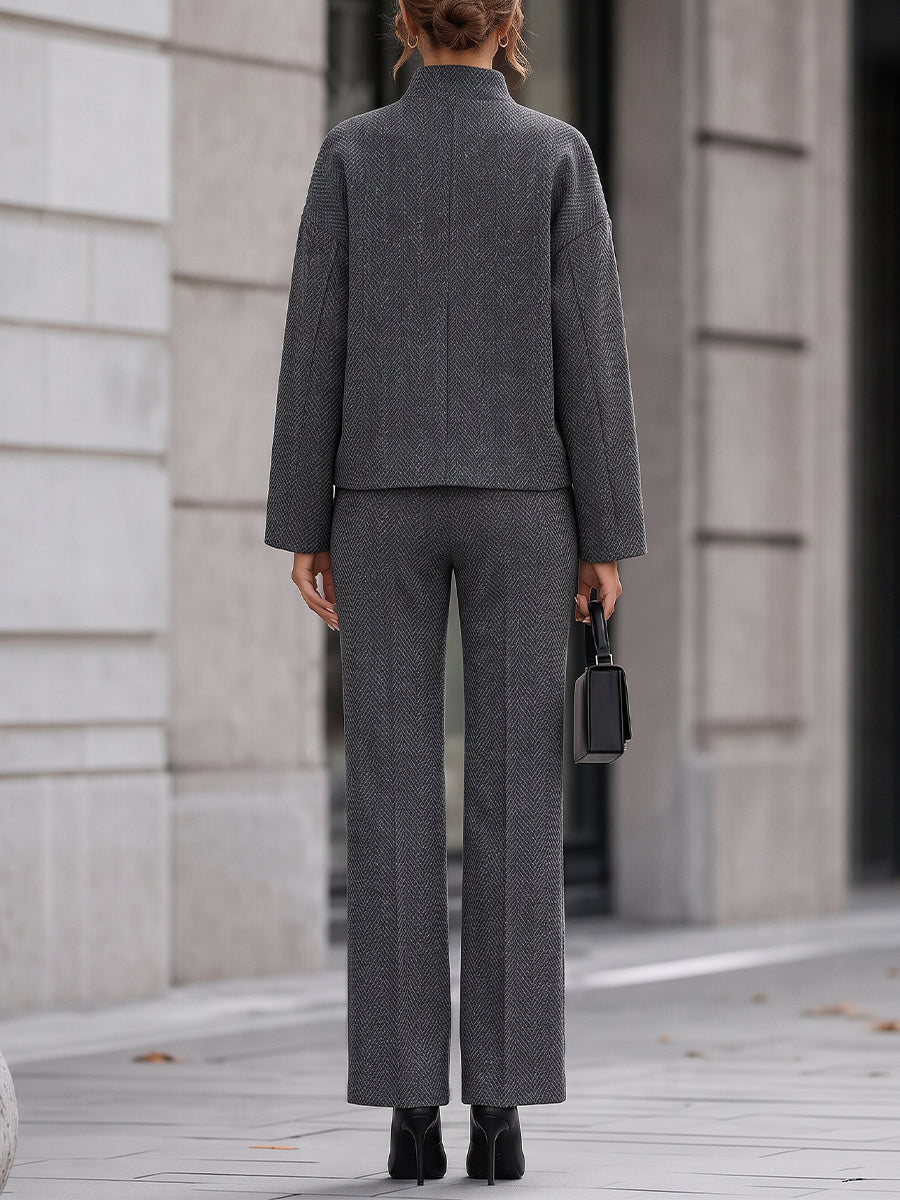 Herringbone Tweed Co Ord Stand Collar Top Wide Leg Pants Suit