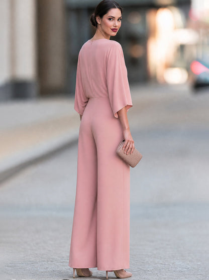 Women's V-Neck Batwing Sleeve Draped Wide Leg Jumpsuit