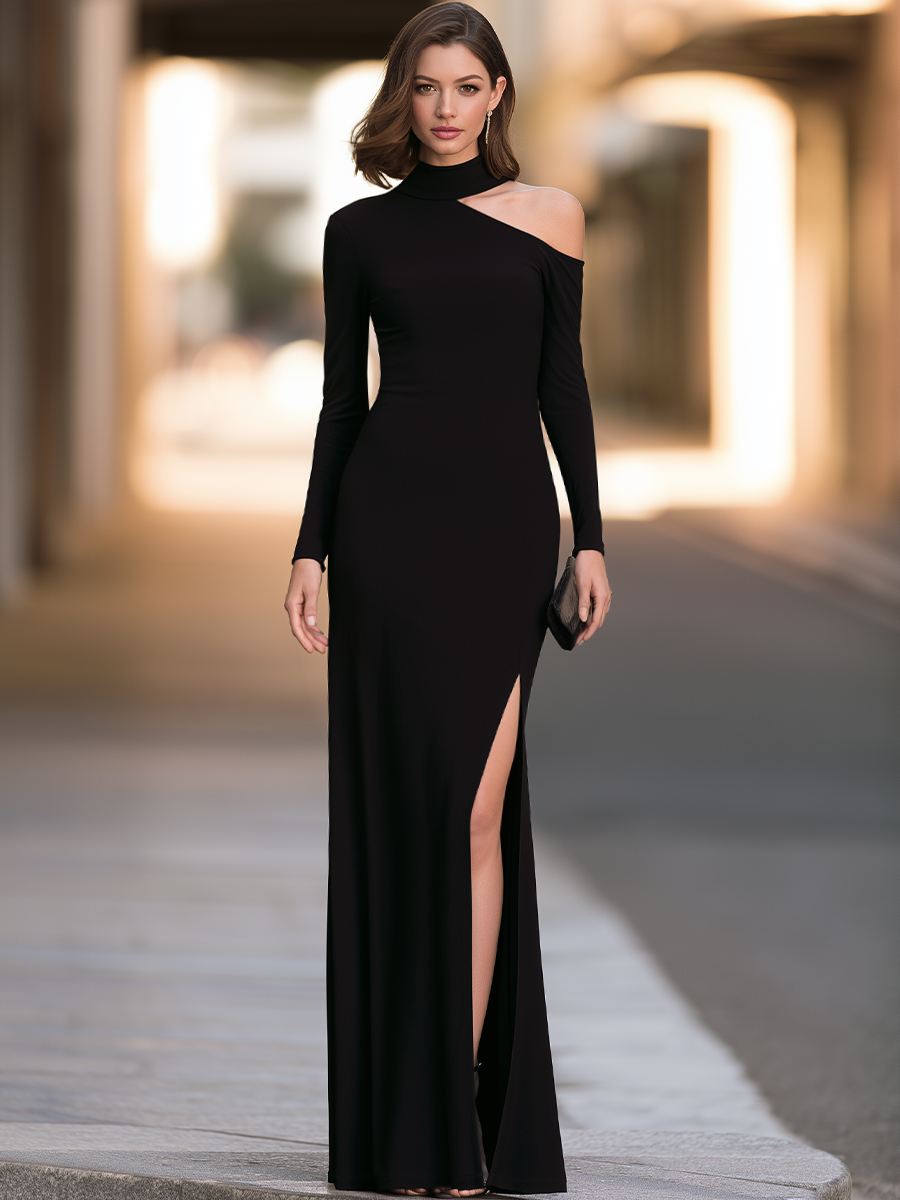 Mock-Neck Asymmetric Cold-Shoulder Cutout High-Slit Column Maxi Dress