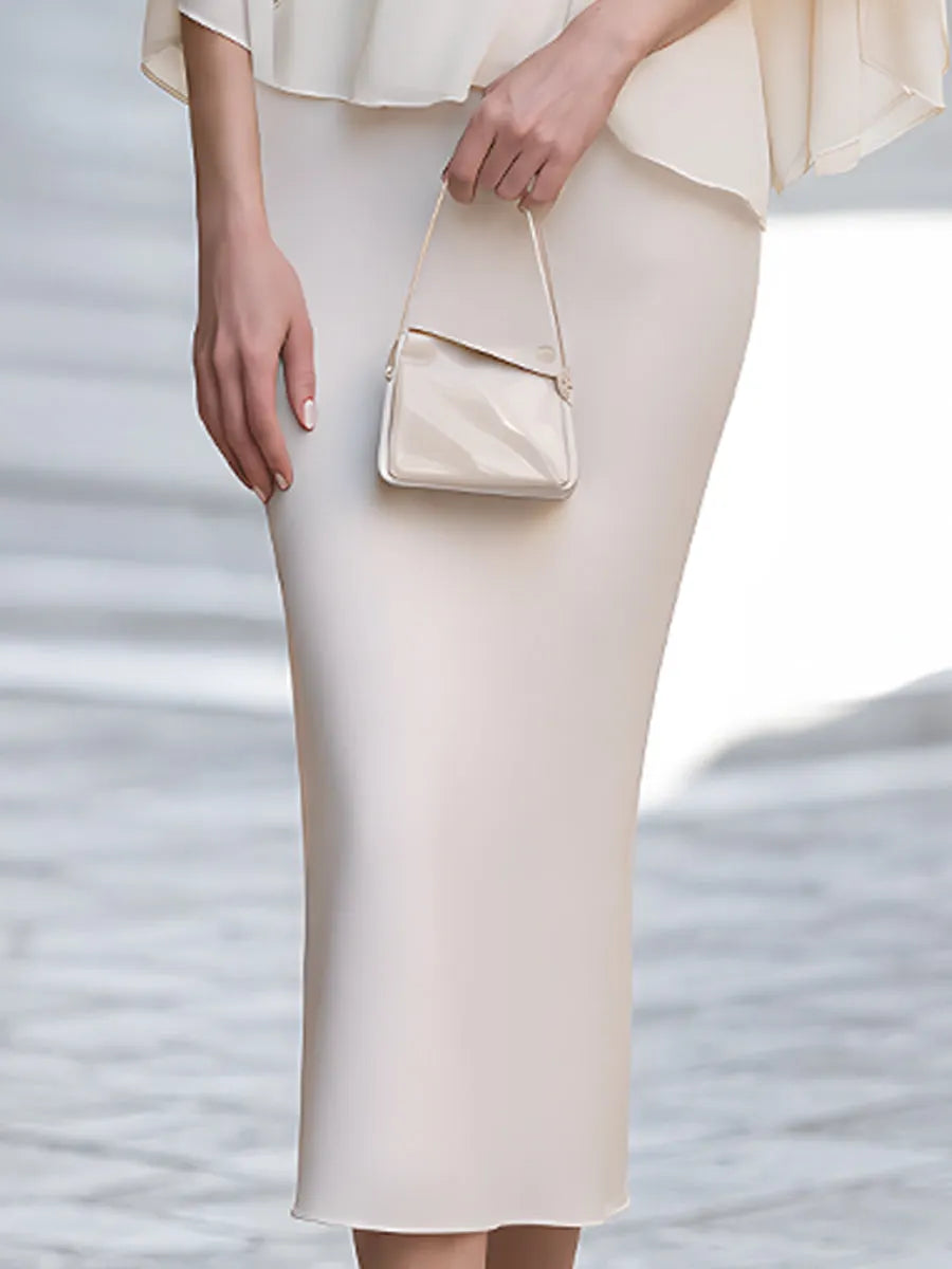 Ivory Lace Panel Draped Cape Blouse With Midi Skirt Set