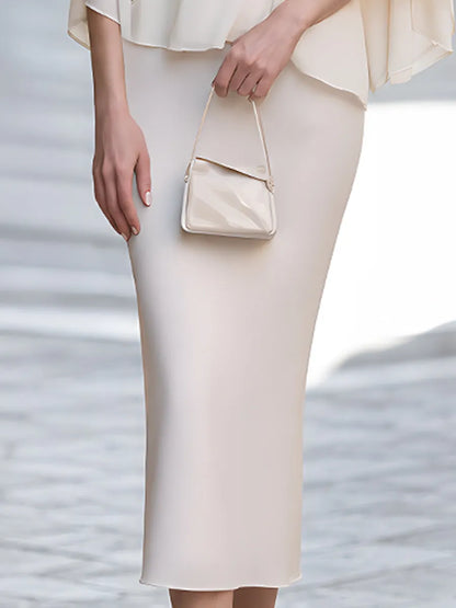 Ivory Lace Panel Draped Cape Blouse With Midi Skirt Set