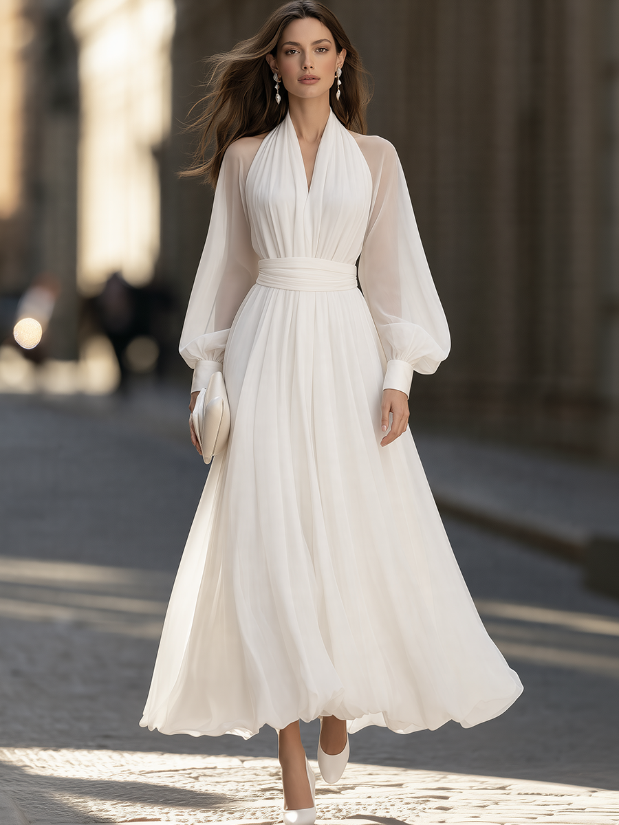 Halter-Neck Balloon-Sleeve Maxi Dress With Ruched Waist