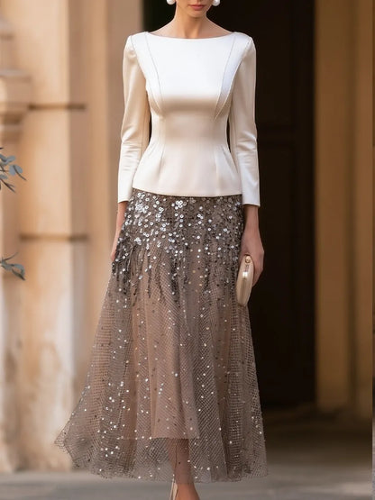Elegant Satin Long-Sleeve Sequin Mesh Midi Dress