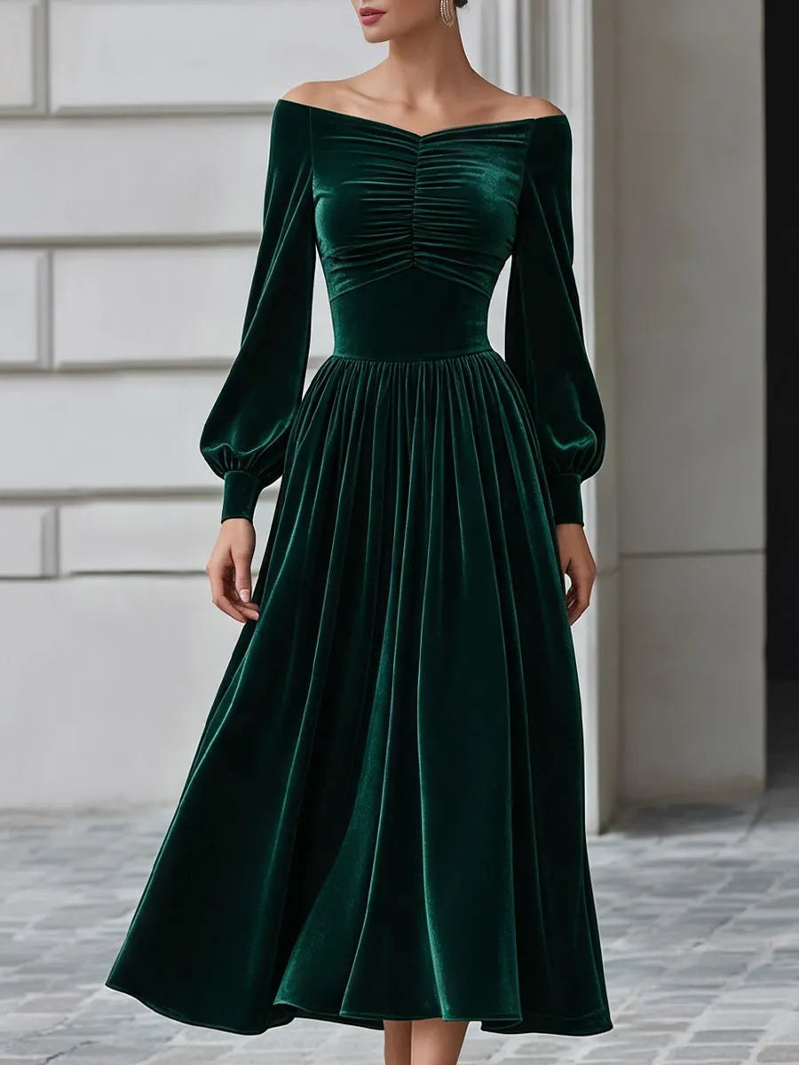 Off-Shoulder Ruched Velvet A-Line Midi Dress
