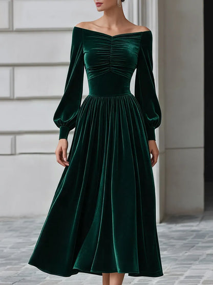 Off-Shoulder Ruched Velvet A-Line Midi Dress