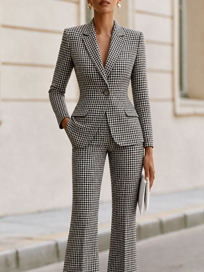 Houndstooth Single‐Button Blazer & Flared Trousers Two‐Piece Suit