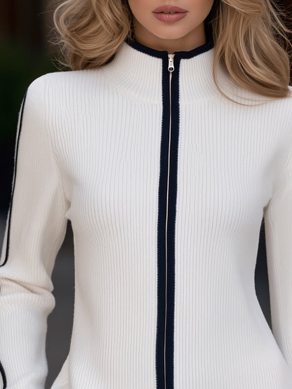 Contrast Trim Ribbed Knit Zip-Up Cardigan Jacket