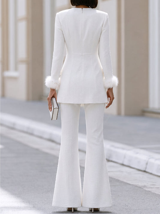 Textured Feather‐Cuff Peplum Blazer & Flared Pants Two‐Piece Suit