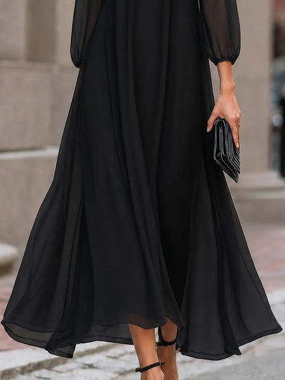 Sheer Sleeve Flowing A-Line Maxi Dress