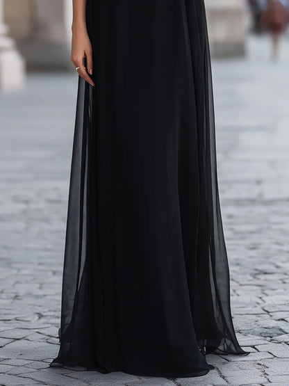 Sheer Tie-Neck Maxi Dress With Flutter Sleeves And Layered Skirt