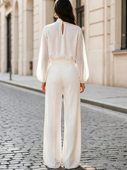 Stand Collar Keyhole Sheer  Sleeve Blouse & High Waist Wide Leg Pants Two-Piece Set