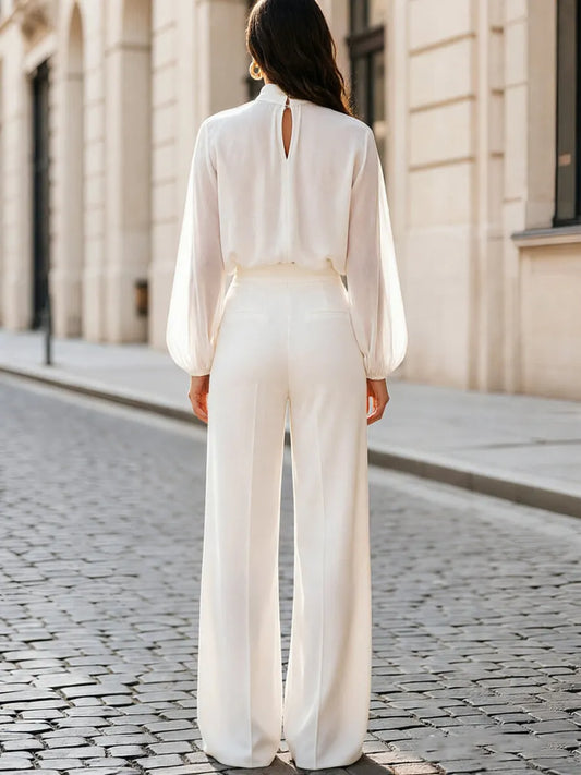 Stand Collar Keyhole Sheer  Sleeve Blouse & High Waist Wide Leg Pants Two-Piece Set