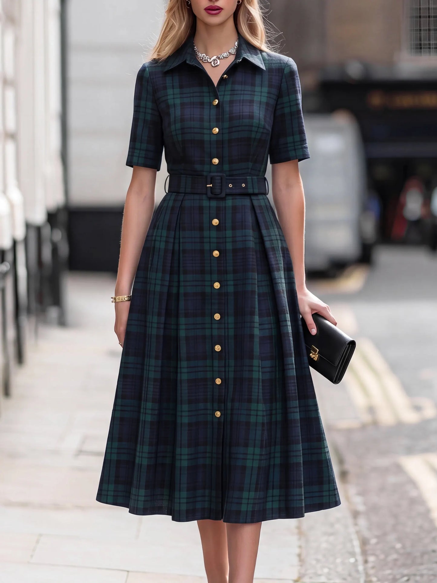 Tartan Plaid Shirt-Style Tailored Midi Dress