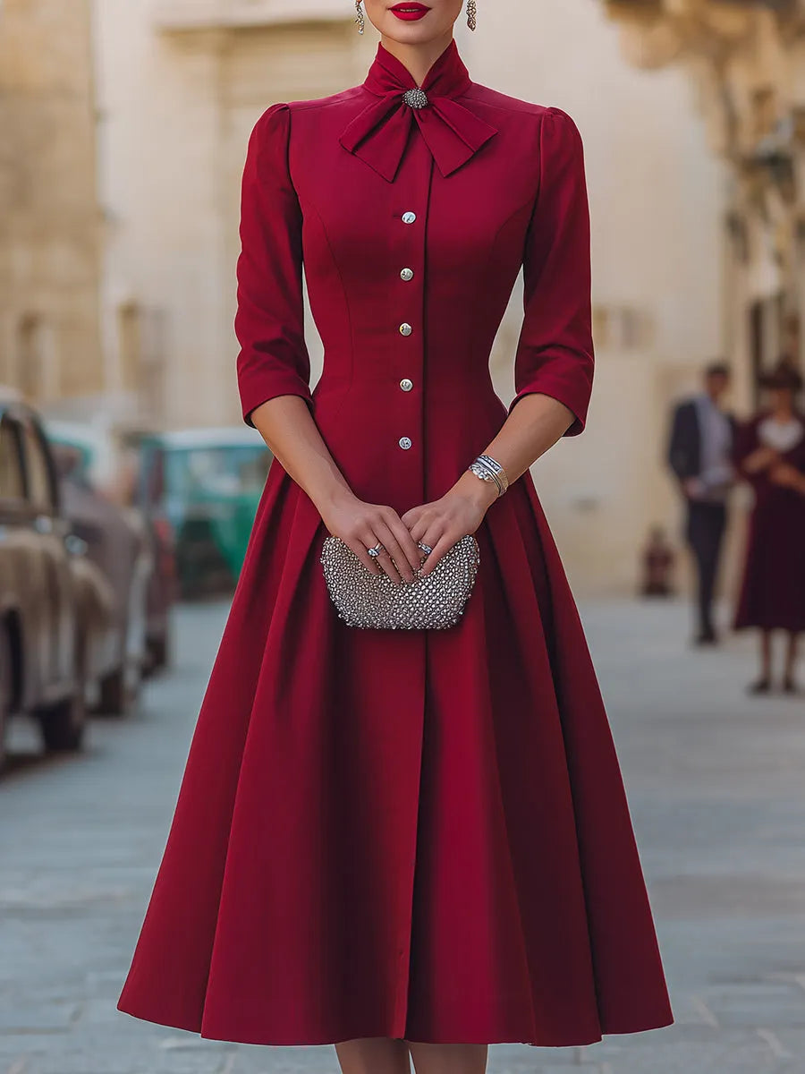 Rhinestone Embellished Bow Collar Red Tailored Swing Midi Dress