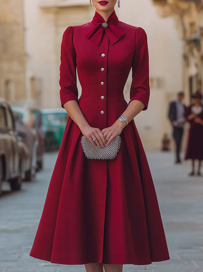 Rhinestone Embellished Bow Collar Red Tailored Swing Midi Dress