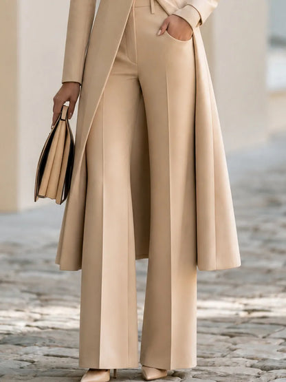 Tand Collar Long Tailored Coat & High Waist Flare Pants Two-Piece Suit