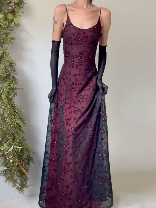 Flower Printed gauze Sleeveless Spaghetti-Neck Bandage Maxi Dresses Fairytale Dress