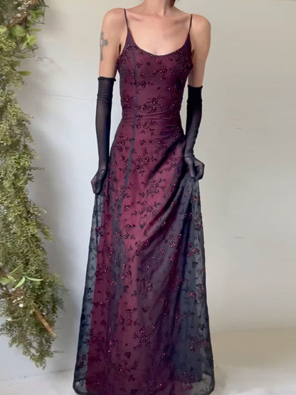 Flower Printed gauze Sleeveless Spaghetti-Neck Bandage Maxi Dresses Fairytale Dress