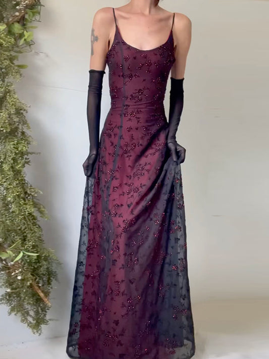 Flower Printed gauze Sleeveless Spaghetti-Neck Bandage Maxi Dresses Fairytale Dress