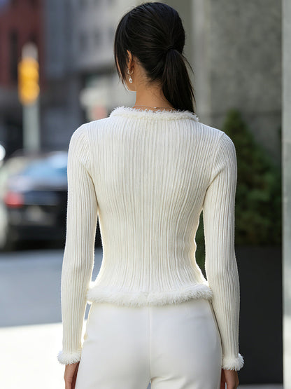 Faux Fur-Trimmed Pearl Button Ribbed Knit Cardigan