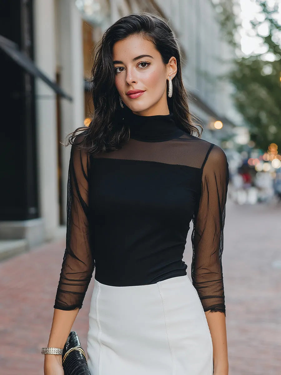 Sheer-Sleeve High-Neck Fitted Top