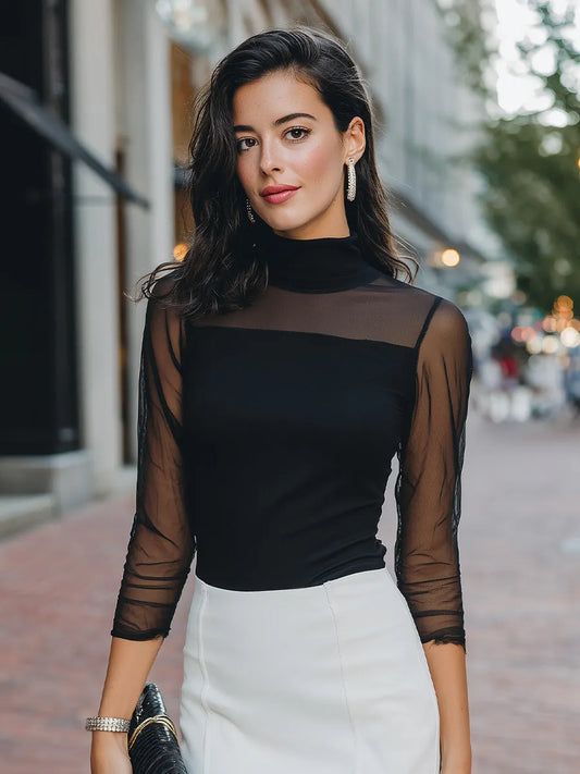 Sheer-Sleeve High-Neck Fitted Top