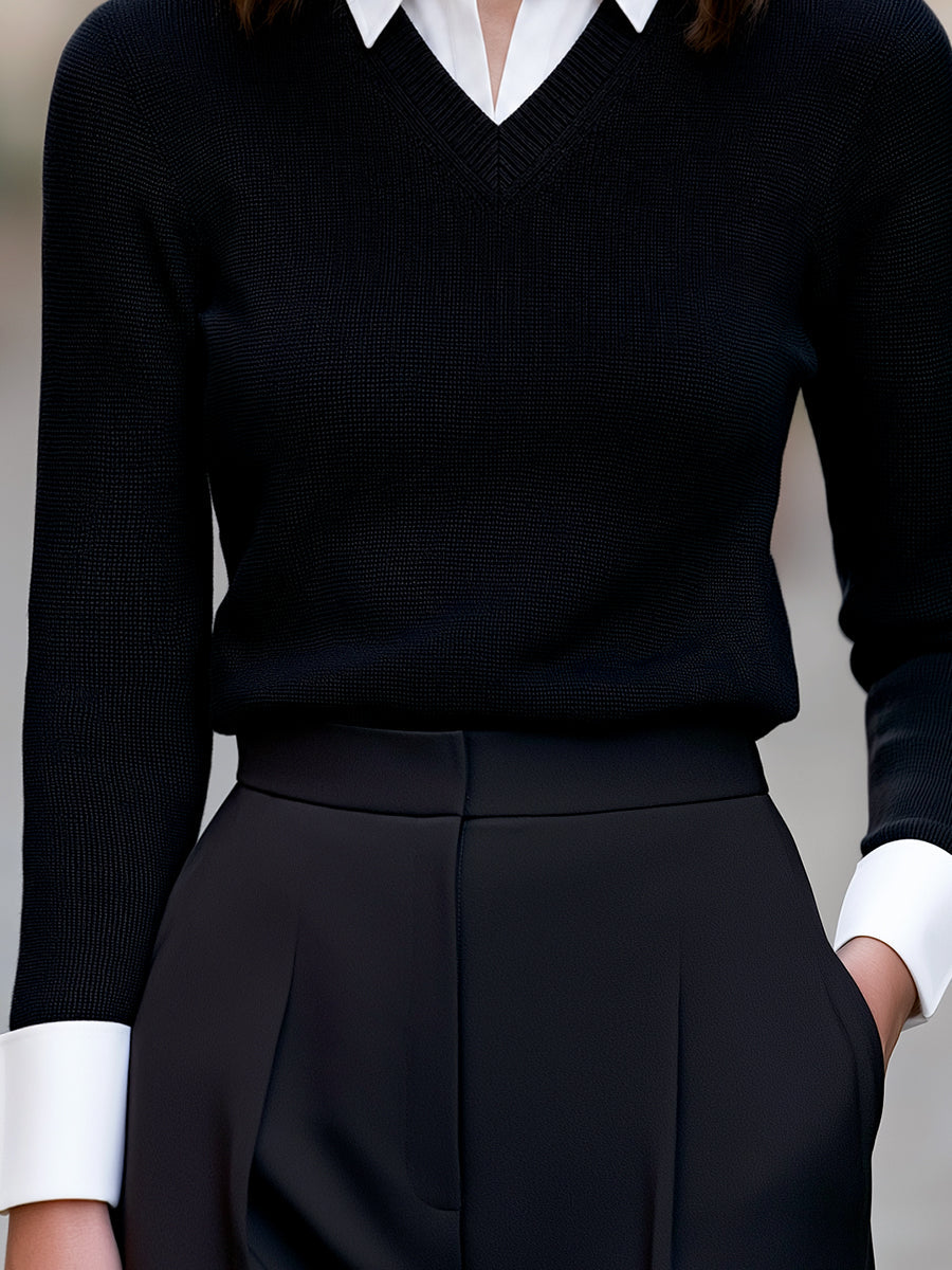 Faux Two-Piece Contrast Collar Knit Sweater