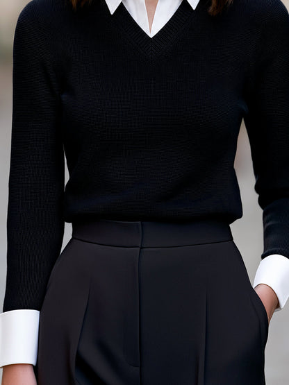 Faux Two-Piece Contrast Collar Knit Sweater