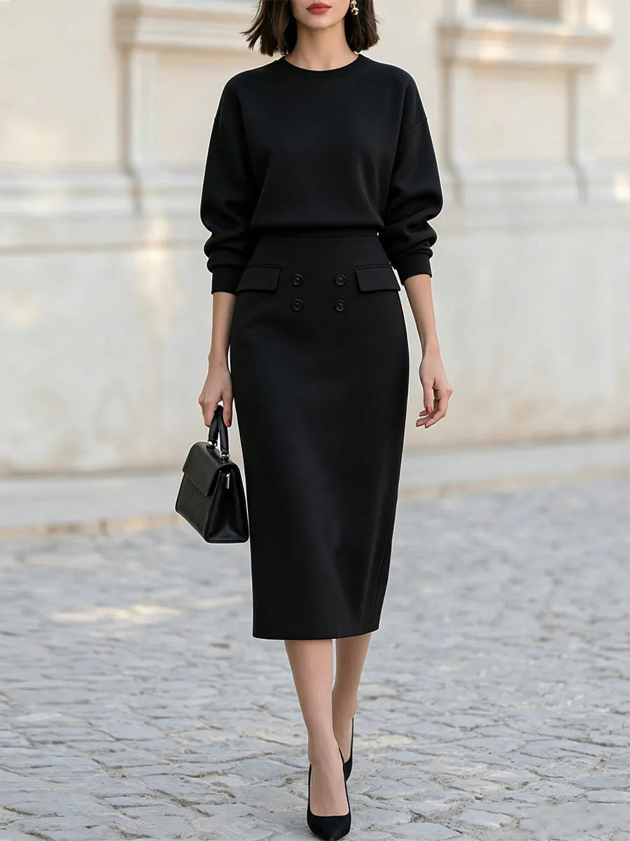 Crew Neck Sweatshirt & High Waist Double Button Midi Pencil Skirt  Set