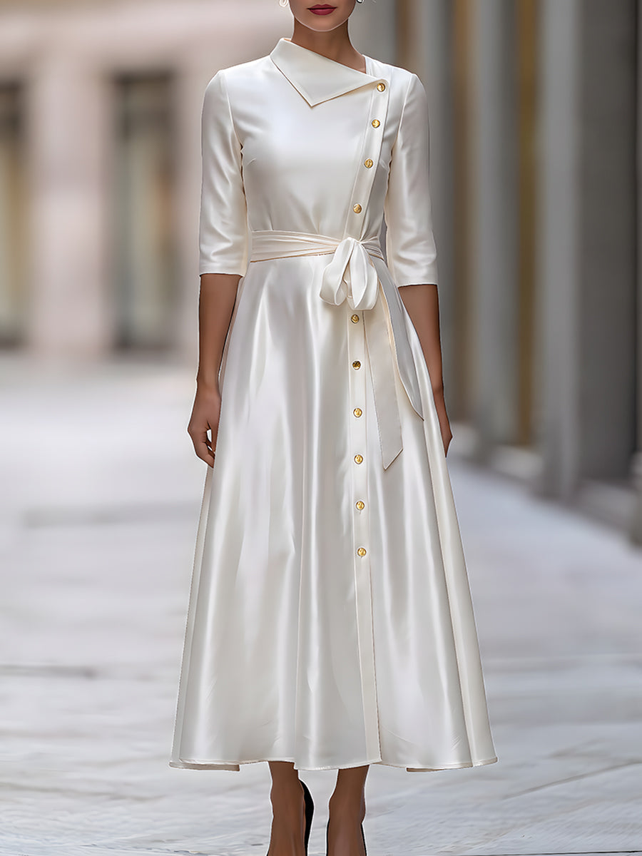 Satin Asymmetric Collar Gold Button Belted Midi Dress