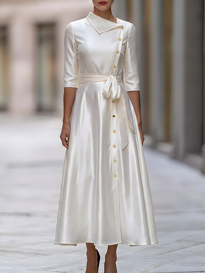 Satin Asymmetric Collar Gold Button Belted Midi Dress