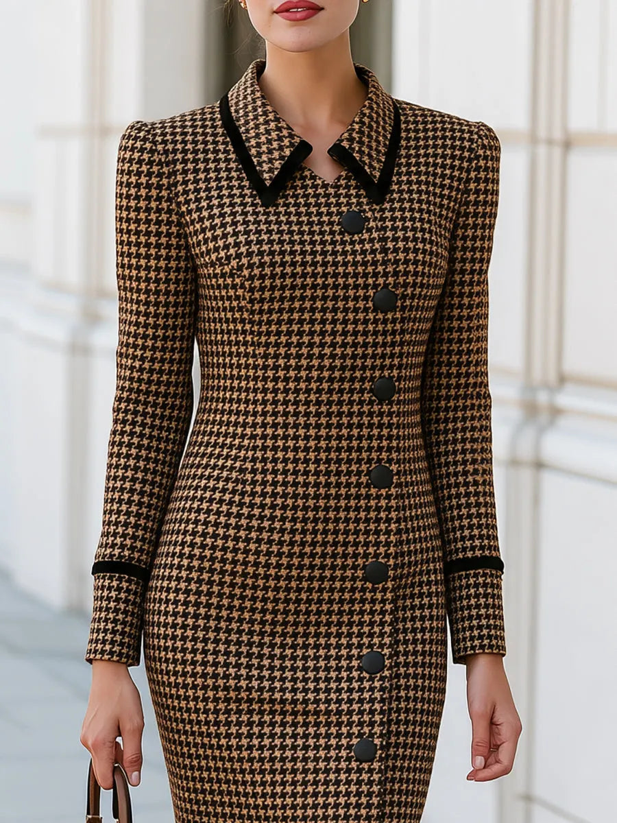 Houndstooth Tweed Midi Dress With Black Velvet Collar Trim For Office & Wedding Guest Occasions